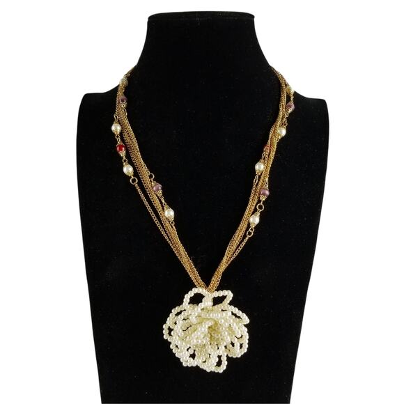 Handmade Chunky Pearl Flower Pendant Necklace on Vintage Gold Chain | Statement - Picture 2 of 3